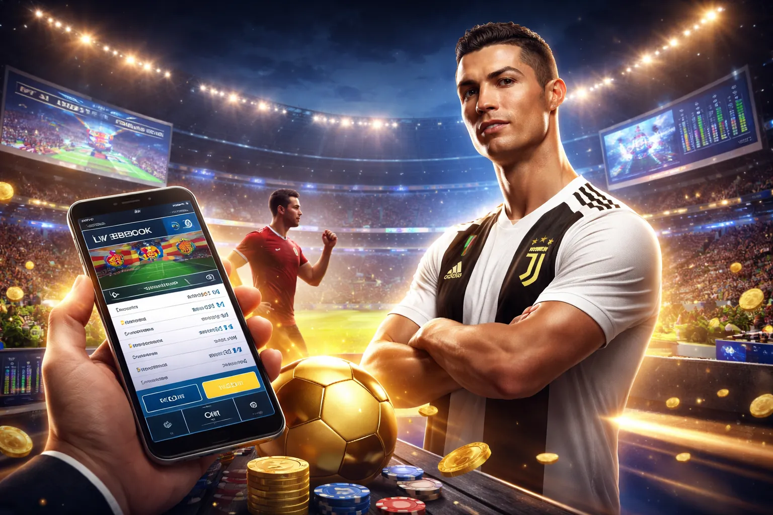 Sân vận động bóng đá với logo Jun88bet và các ưu đãi hấp dẫn
